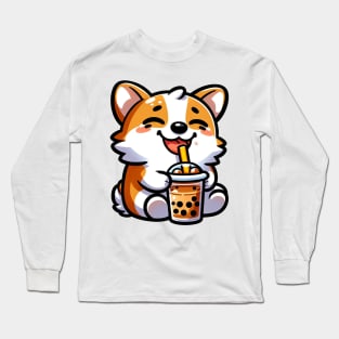 corgi drinking boba Long Sleeve T-Shirt